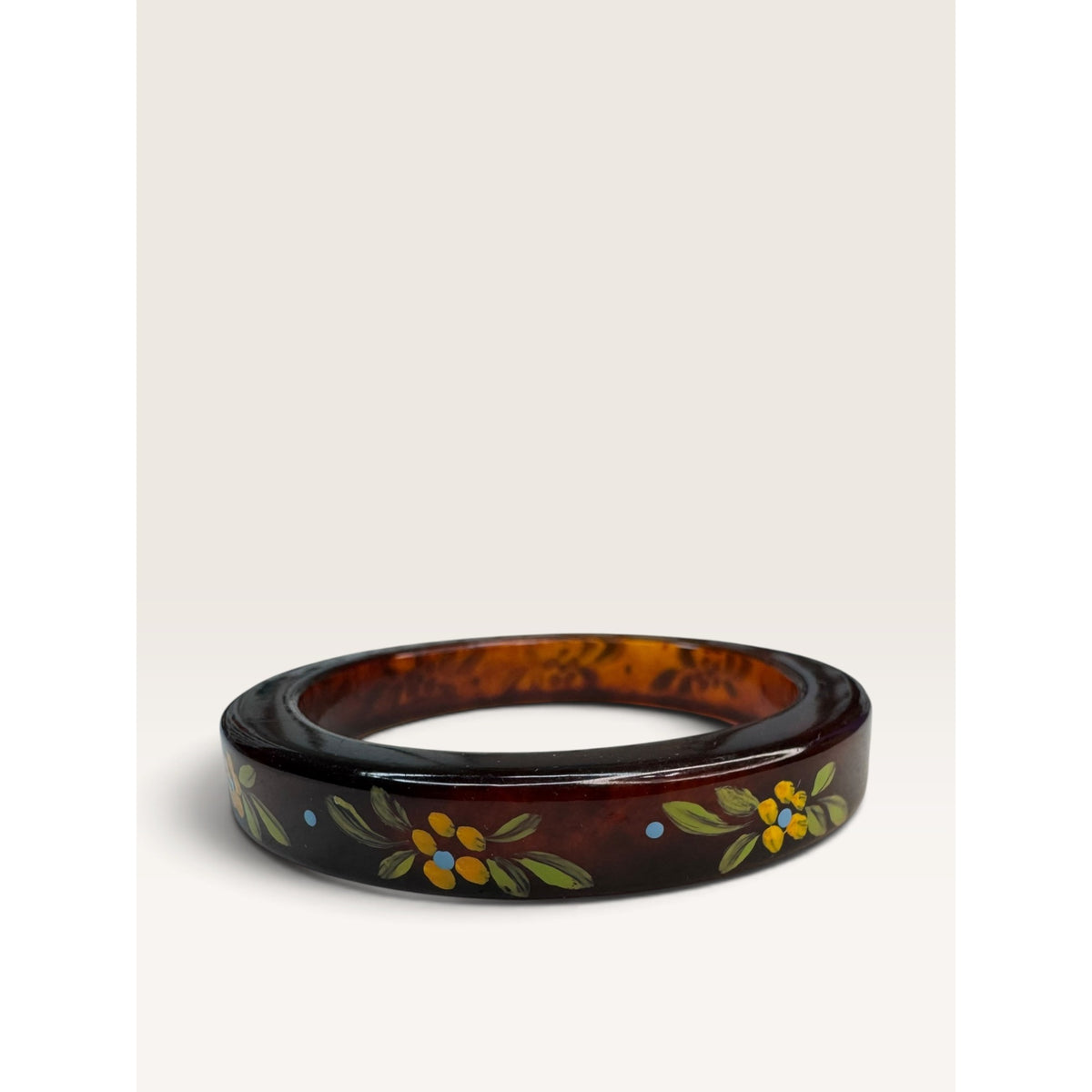 Mid Century Faux Tortoiseshell Lucite Hand Painted Floral Slip On Bangle 8"