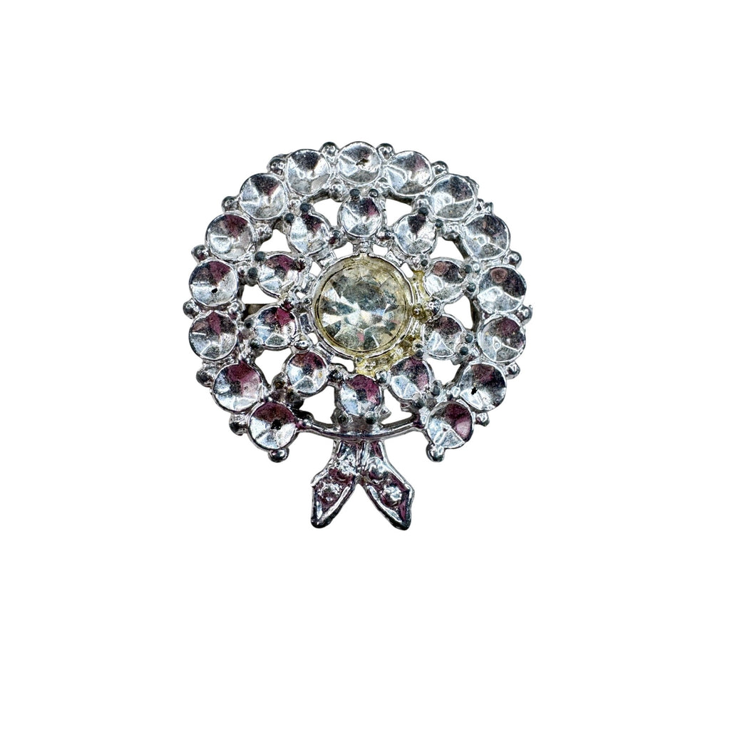 Unknown Floral Brooch Silver Tone Pot Metal Clear Crystal 1940s Vintage
