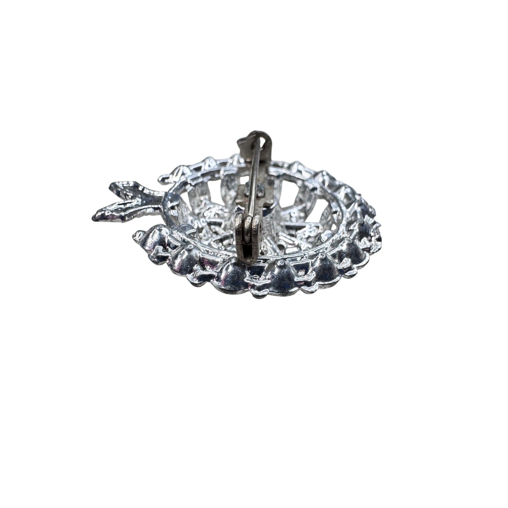 Unknown Floral Brooch Silver Tone Pot Metal Clear Crystal 1940s Vintage
