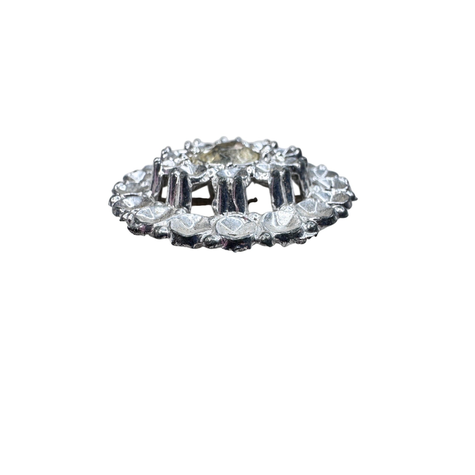 Unknown Floral Brooch Silver Tone Pot Metal Clear Crystal 1940s Vintage