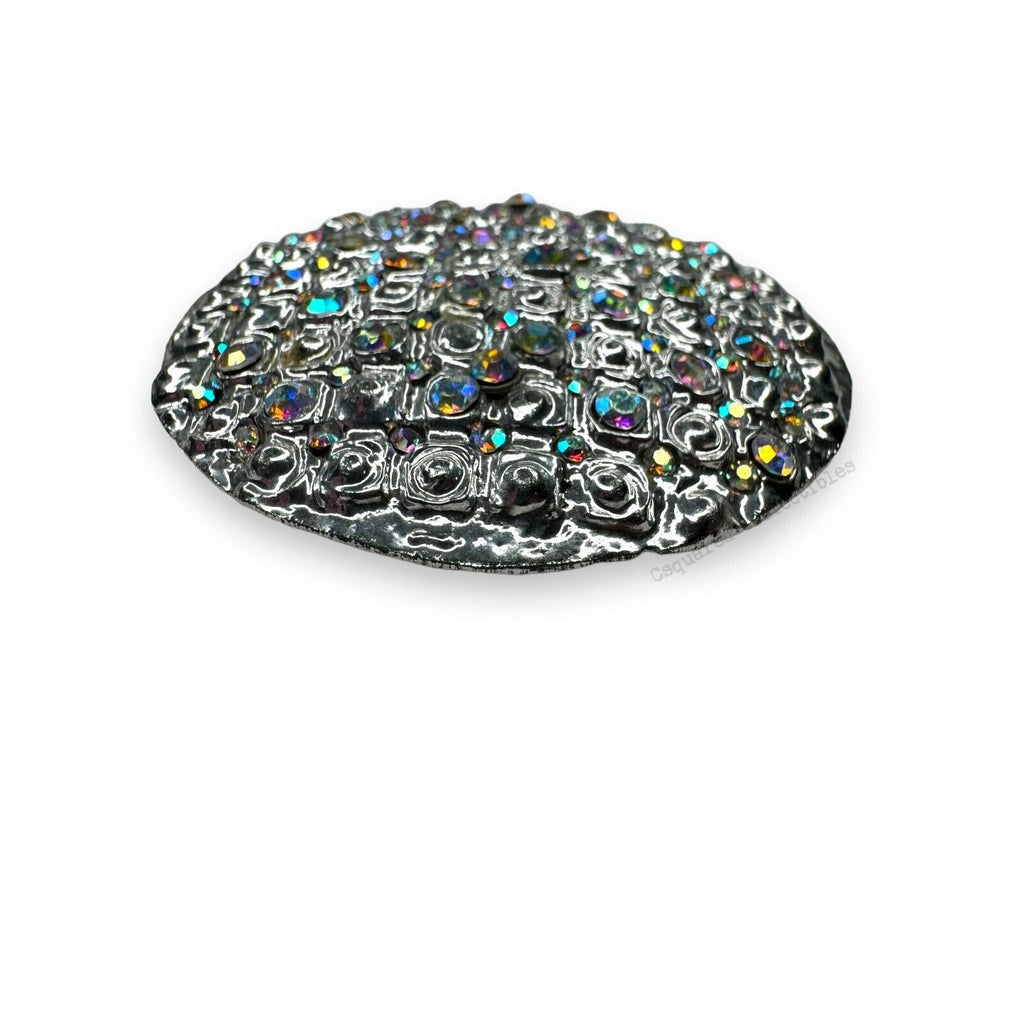 Vintage Silver Tone Aurora Borealis Crystal Round Brooch 2.25"
