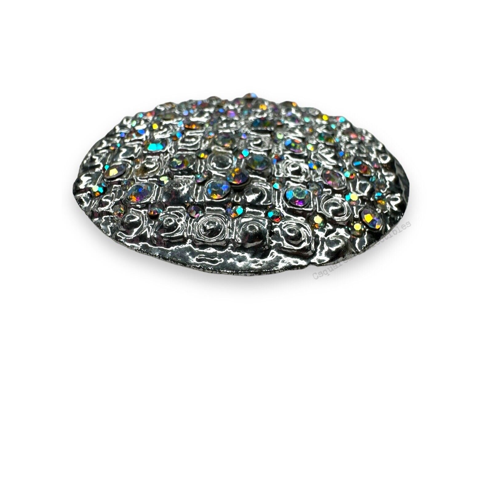Vintage Silver Tone Aurora Borealis Crystal Round Brooch 2.25"