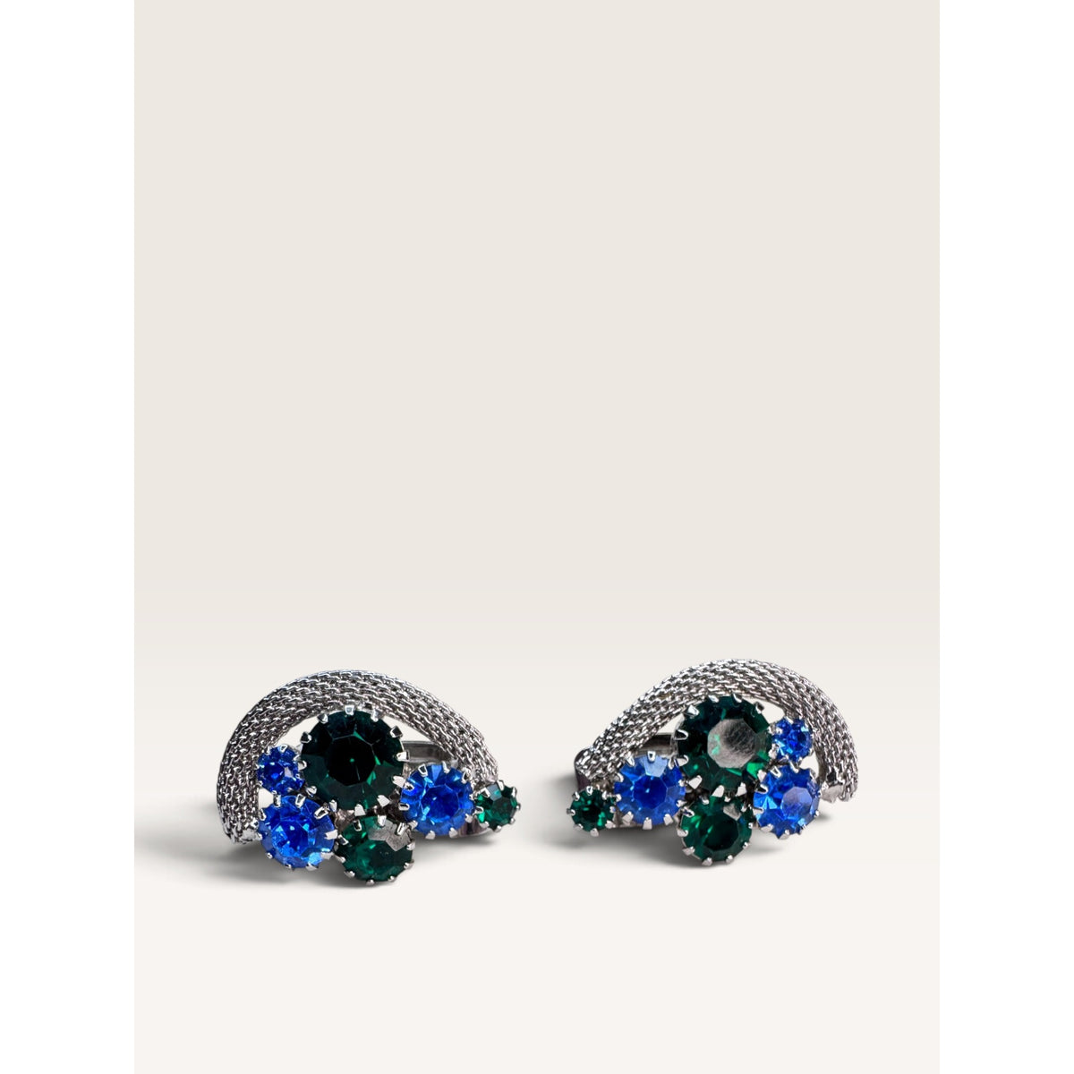 Blue Green Rhinestone Mesh Wrap Leaf Plume Brooch Clip On Earrings Set Vintage