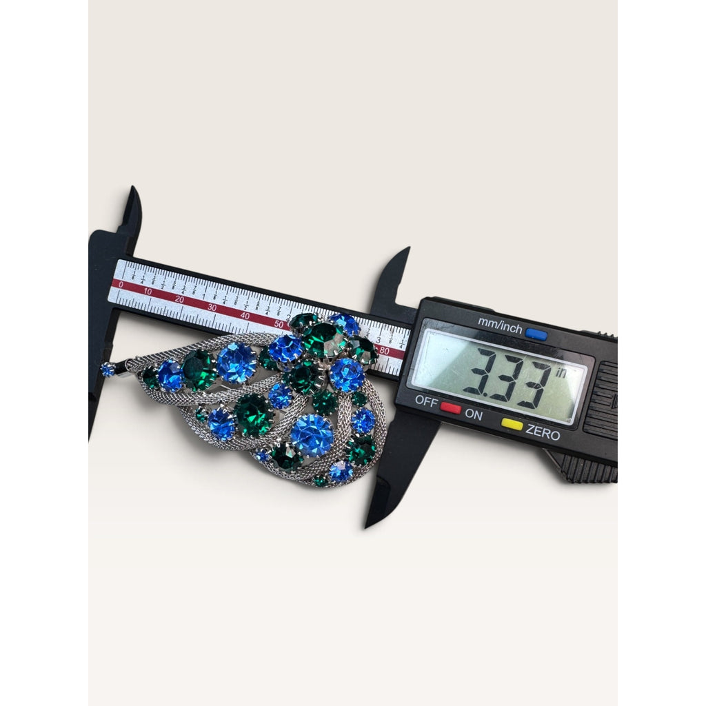 Blue Green Rhinestone Mesh Wrap Leaf Plume Brooch Clip On Earrings Set Vintage