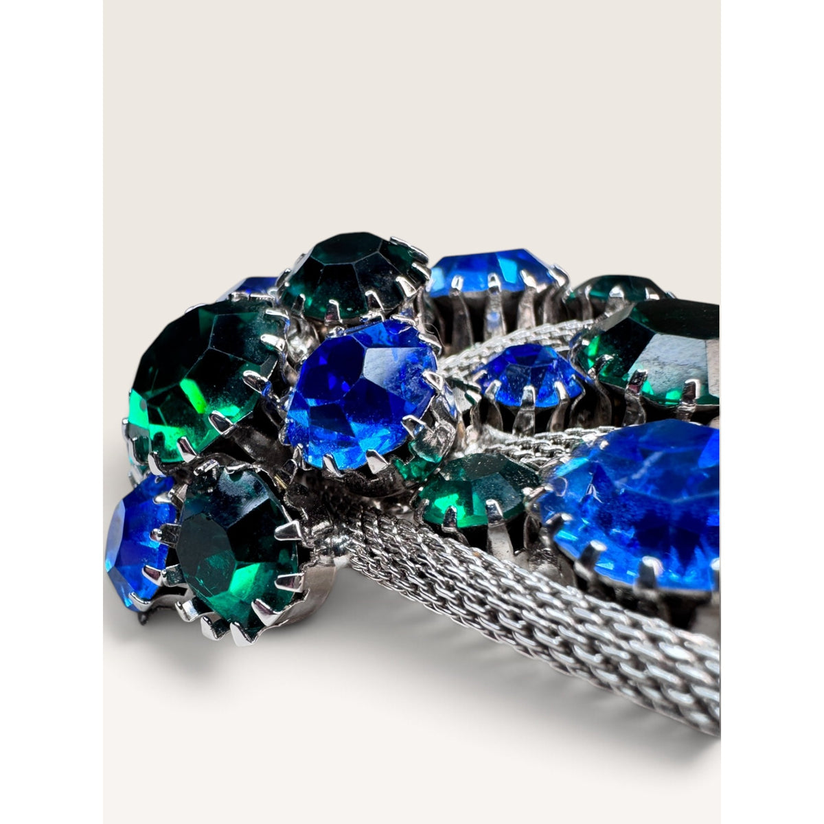 Blue Green Rhinestone Mesh Wrap Leaf Plume Brooch Clip On Earrings Set Vintage