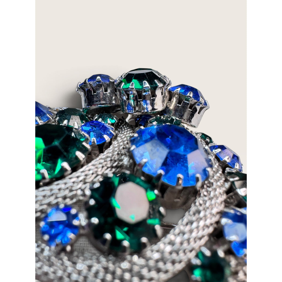 Blue Green Rhinestone Mesh Wrap Leaf Plume Brooch Clip On Earrings Set Vintage