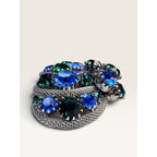 Blue Green Rhinestone Mesh Wrap Leaf Plume Brooch Clip On Earrings Set Vintage