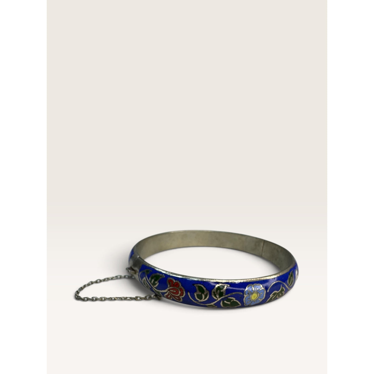 Royal Blue Cloisonne Enamel Floral Silver Tone Hinged Bangle Bracelet 7.5"