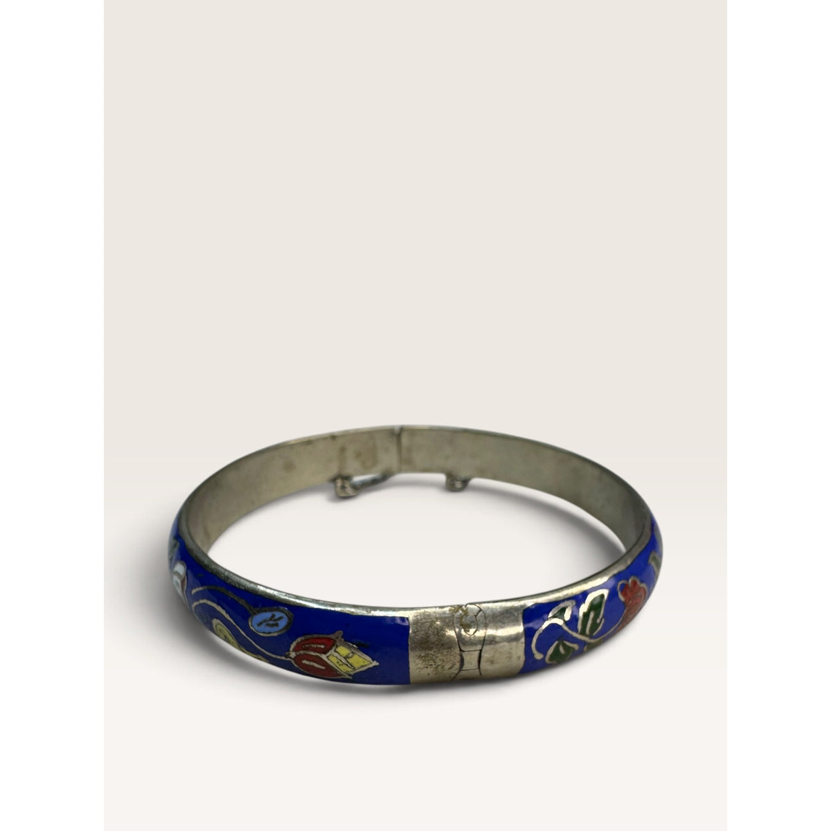 Royal Blue Cloisonne Enamel Floral Silver Tone Hinged Bangle Bracelet 7.5"