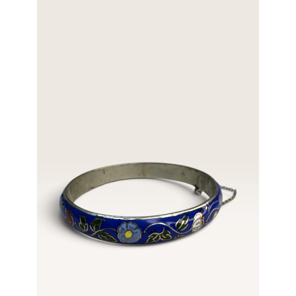 Royal Blue Cloisonne Enamel Floral Silver Tone Hinged Bangle Bracelet 7.5"