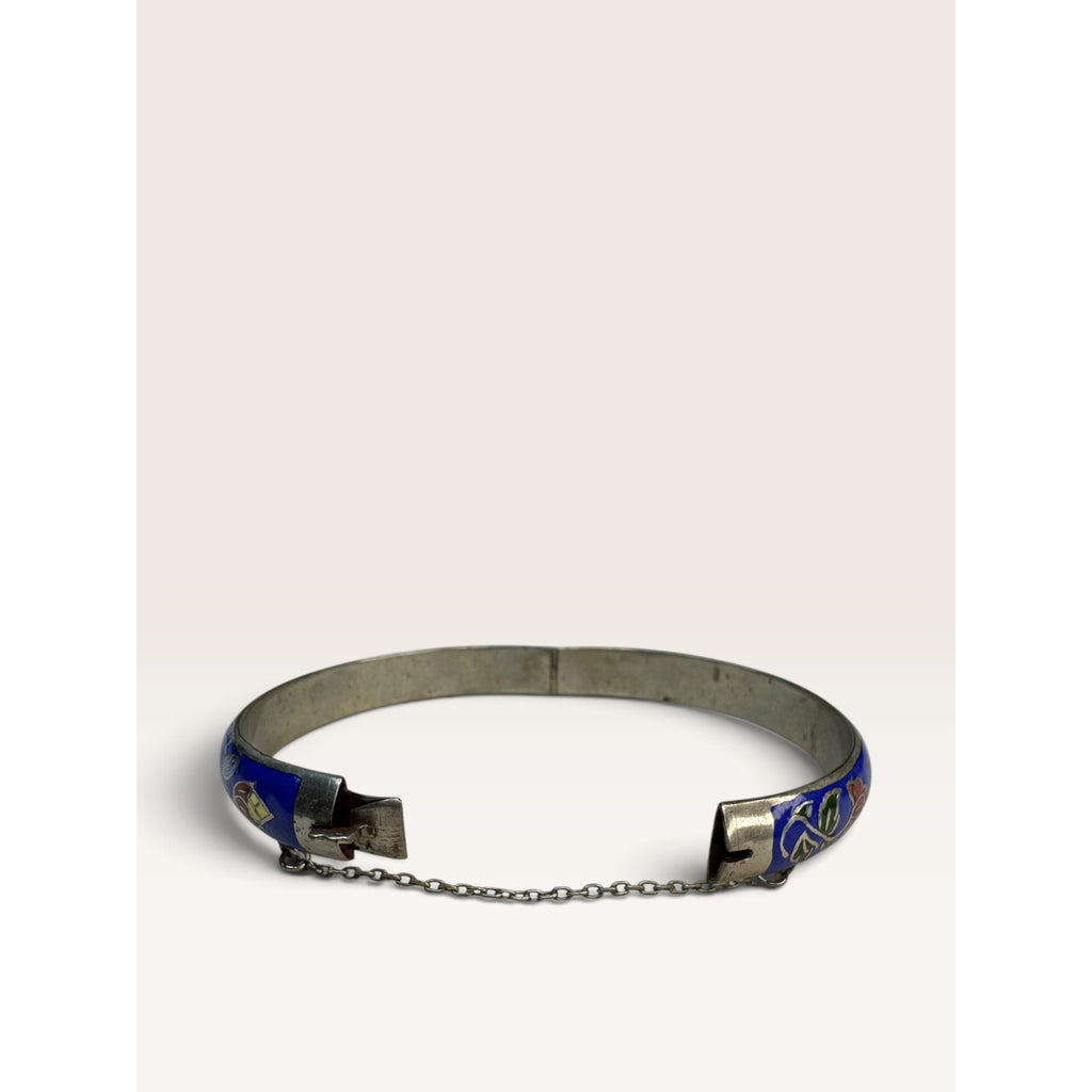 Royal Blue Cloisonne Enamel Floral Silver Tone Hinged Bangle Bracelet 7.5"