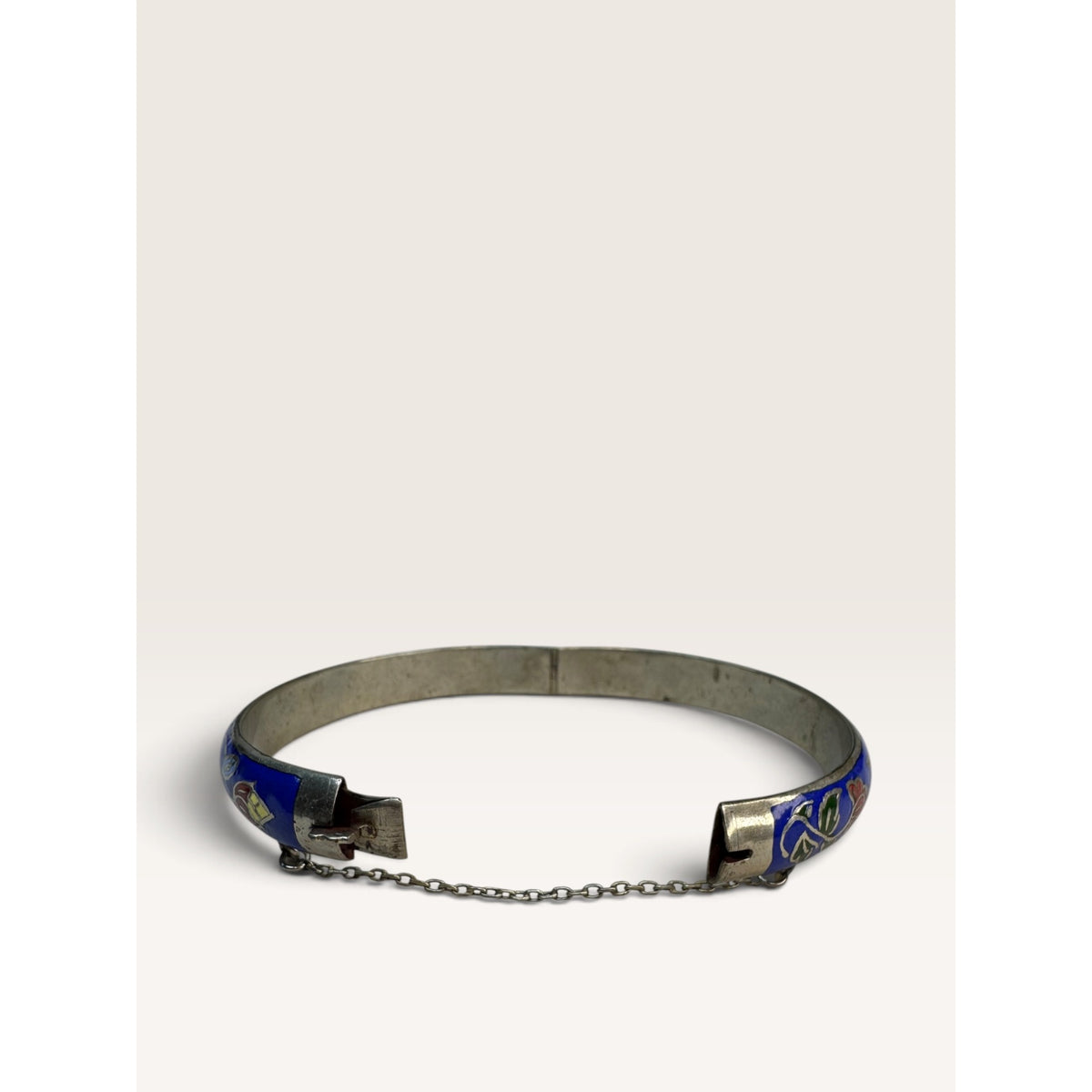 Royal Blue Cloisonne Enamel Floral Silver Tone Hinged Bangle Bracelet 7.5"