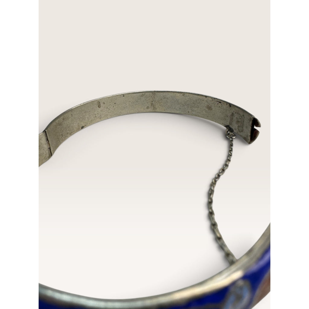 Royal Blue Cloisonne Enamel Floral Silver Tone Hinged Bangle Bracelet 7.5"