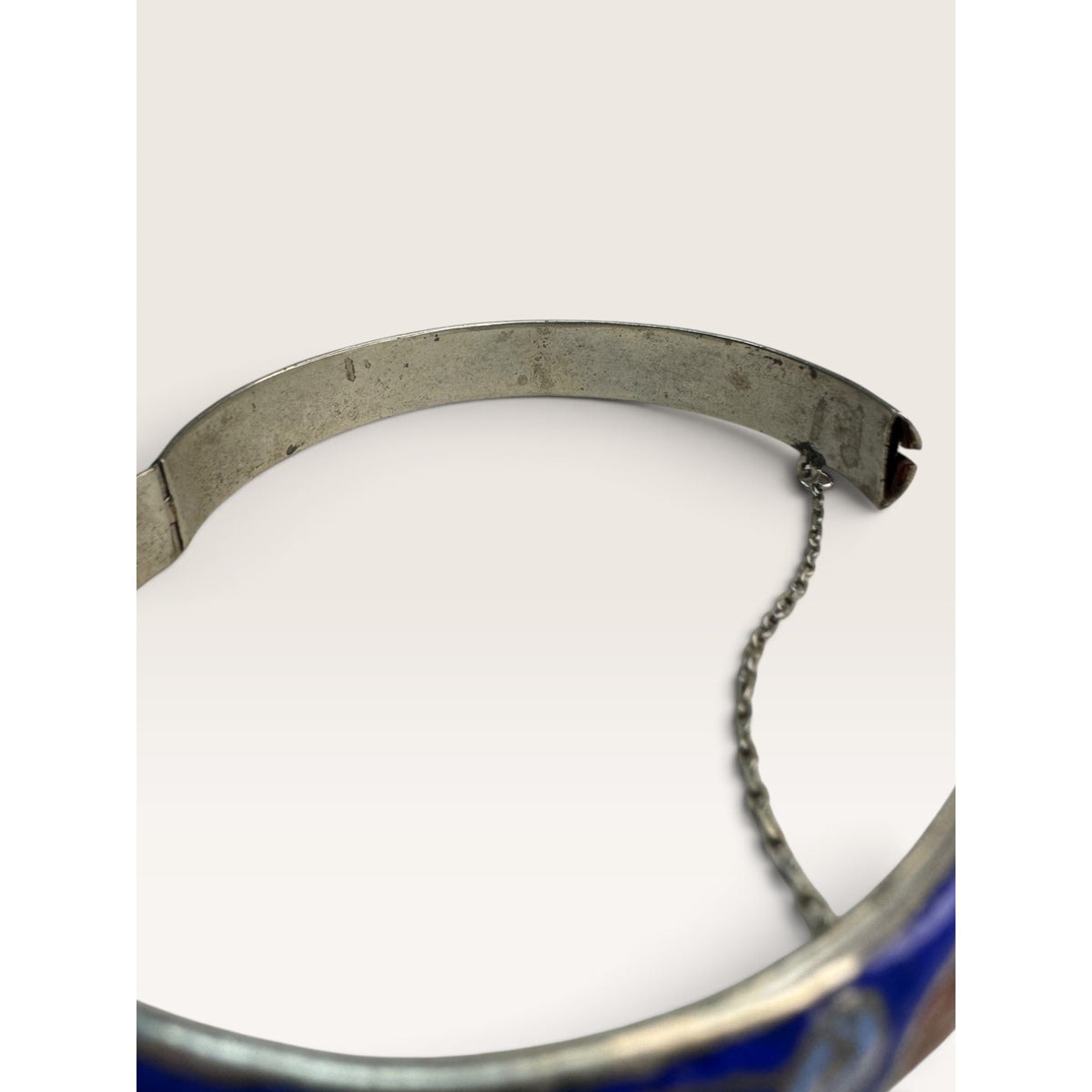 Royal Blue Cloisonne Enamel Floral Silver Tone Hinged Bangle Bracelet 7.5"