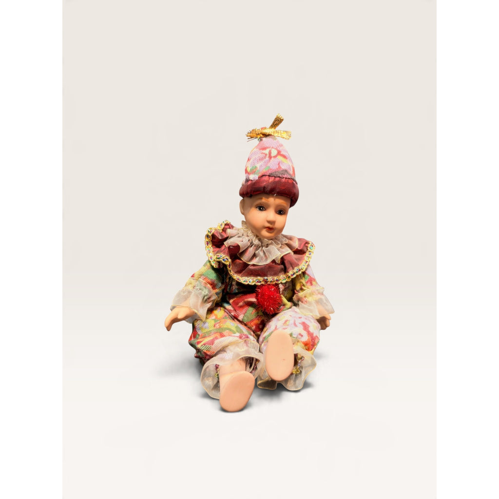 Vintage Porcelain Clown Doll Floral Costume 10.5 Inch
