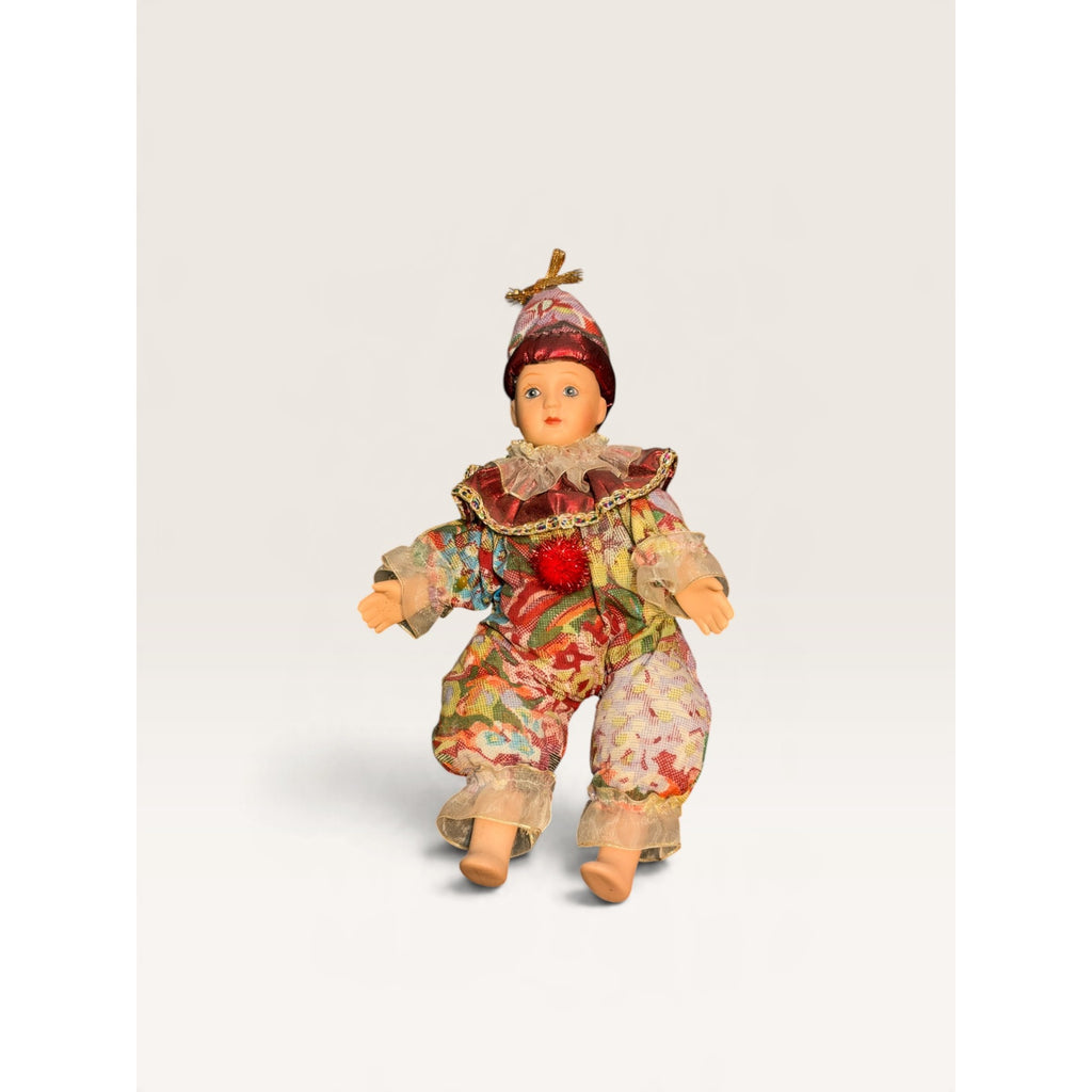 Vintage Porcelain Clown Doll Floral Costume 10.5 Inch