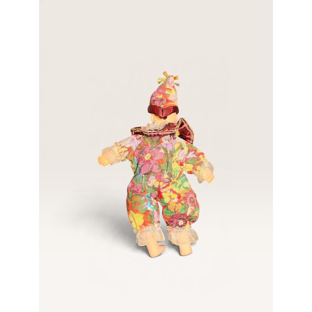 Vintage Porcelain Clown Doll Floral Costume 10.5 Inch