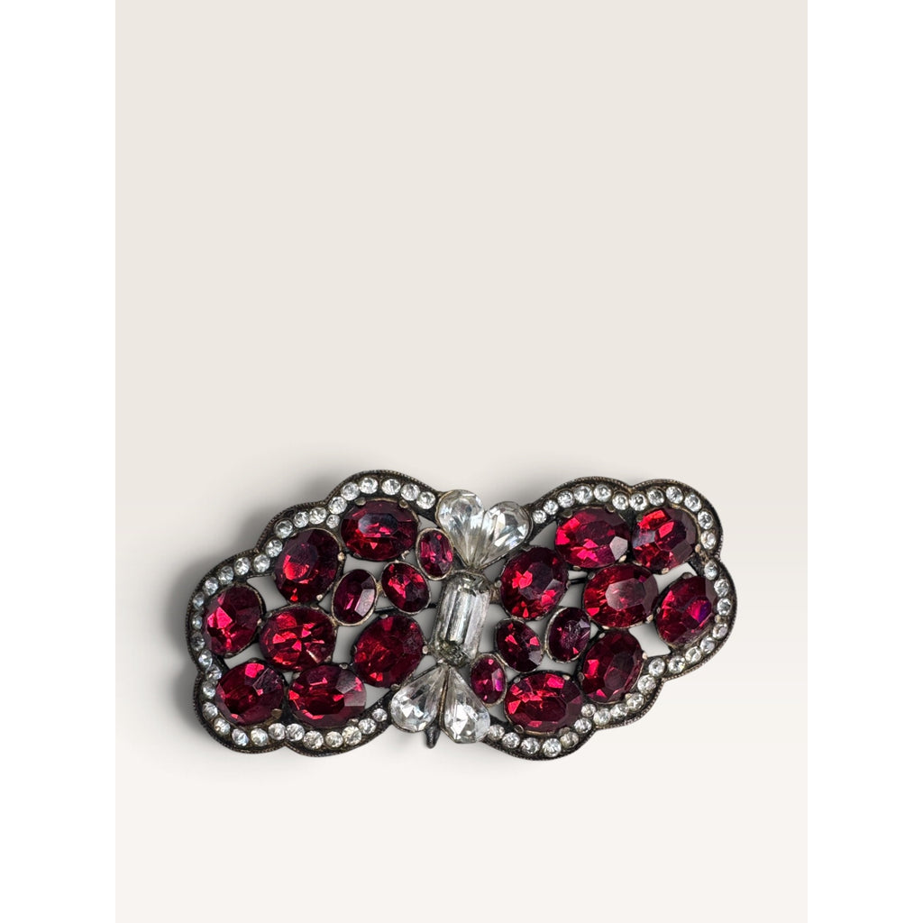 Vintage 1950s Red Rhinestone Openwork Butterfly Brooch Pin Pendant Mixed Metal