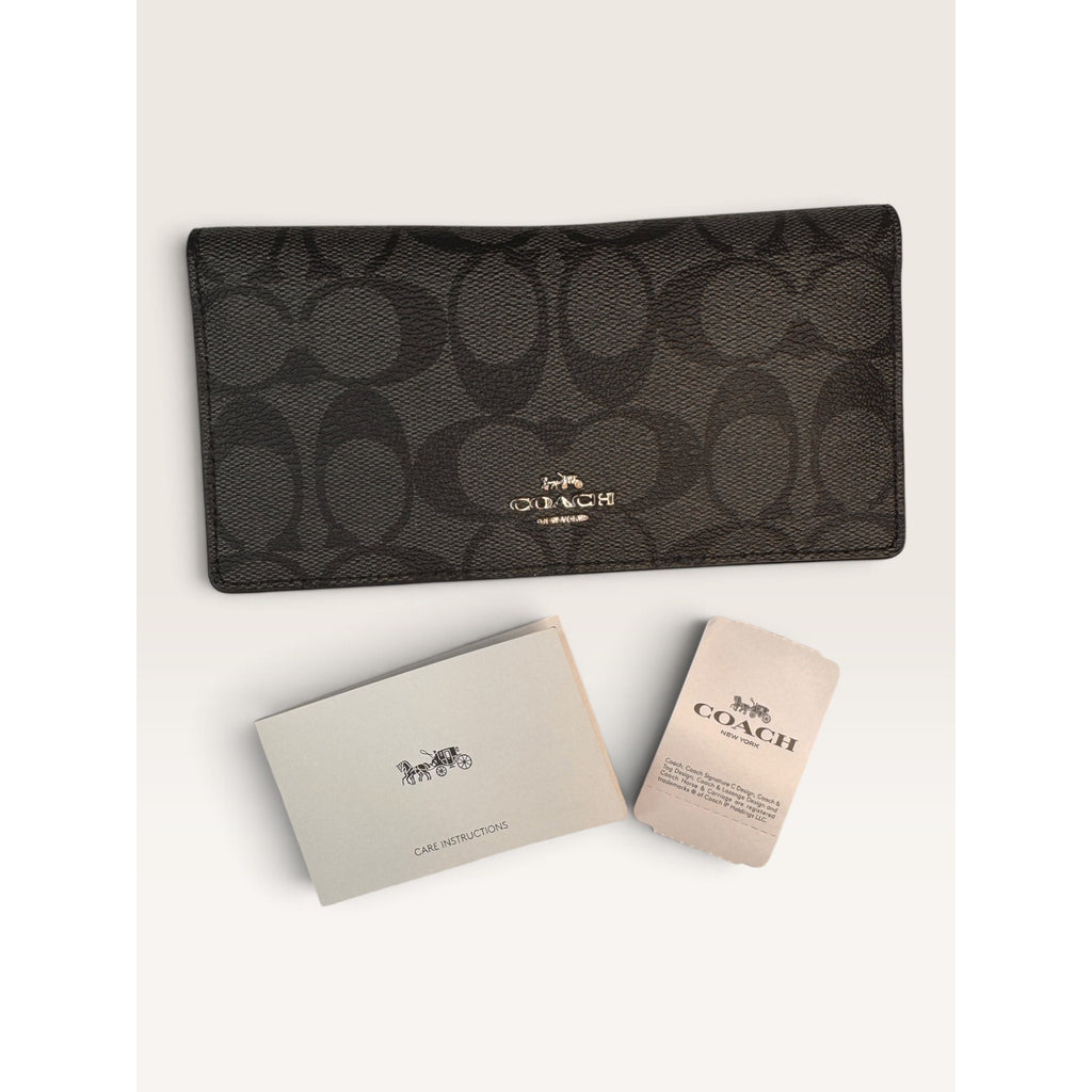 Coach Signature Slim Bifold Wallet Checkbook Black Smoke Grey Leather Card F88026