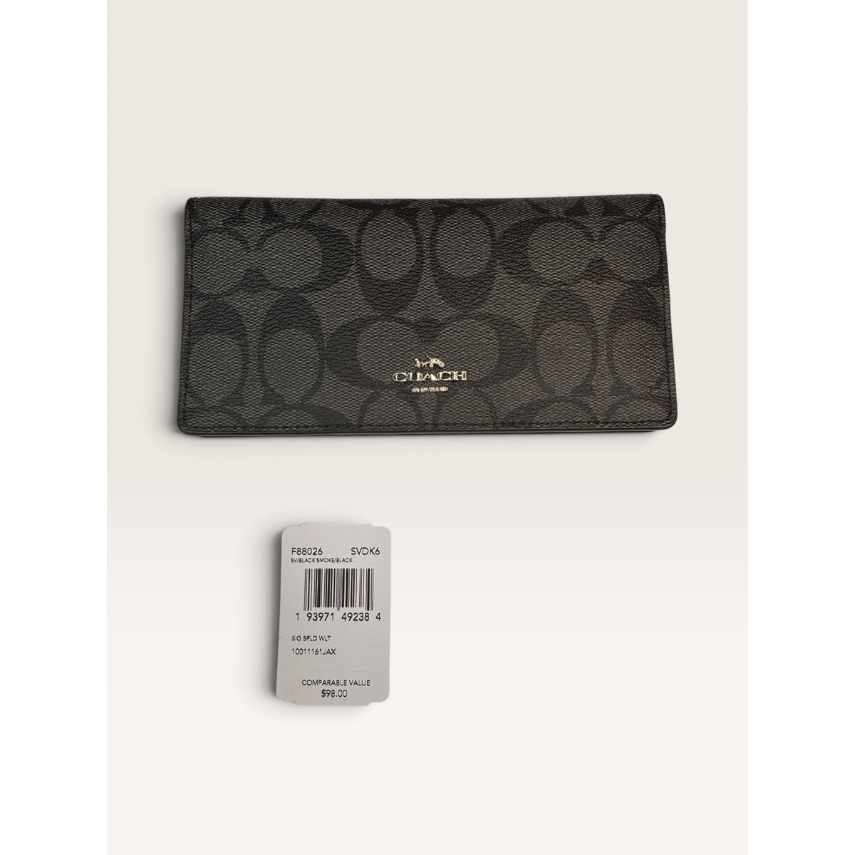 Coach Signature Slim Bifold Wallet Checkbook Black Smoke Grey Leather Card F88026