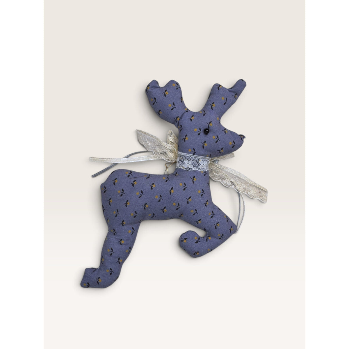 Reindeer Plush Ornament Slate Blue Calico Floral Pattern Handmade 1990s