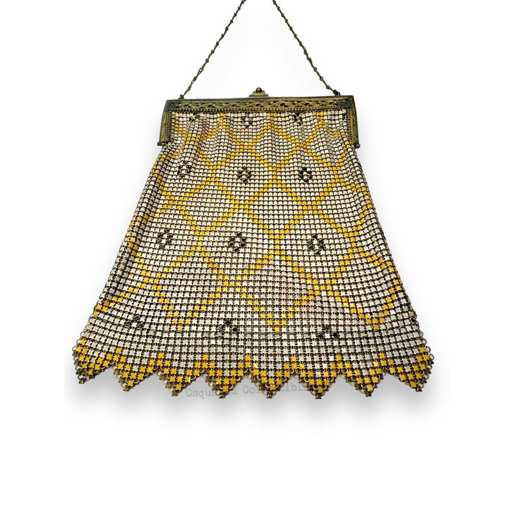 Whiting & Davis Mesh Chain Maille Yellow Painted Hand Bag Antique Art Deco