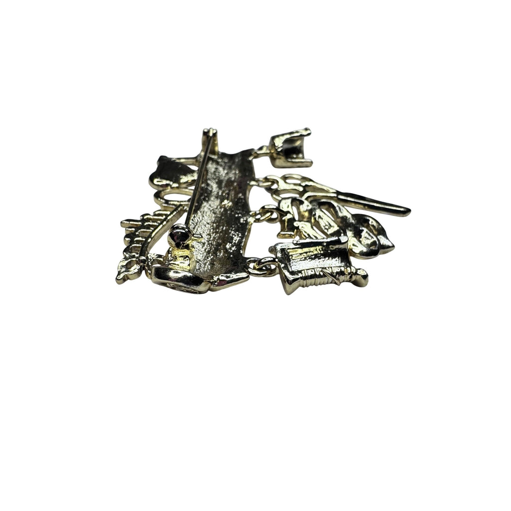 AJC I Love Quilting Charm Brooch Gold Tone 2.52” Vintage
