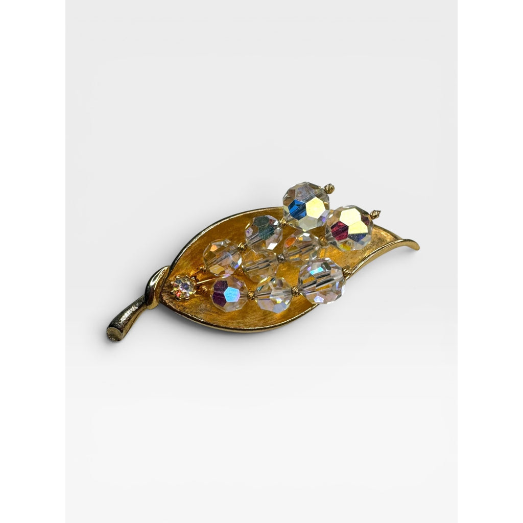 Leaf Brooch Gold Tone Aurora Borealis Crystal Cluster Pin Vintage 1950s