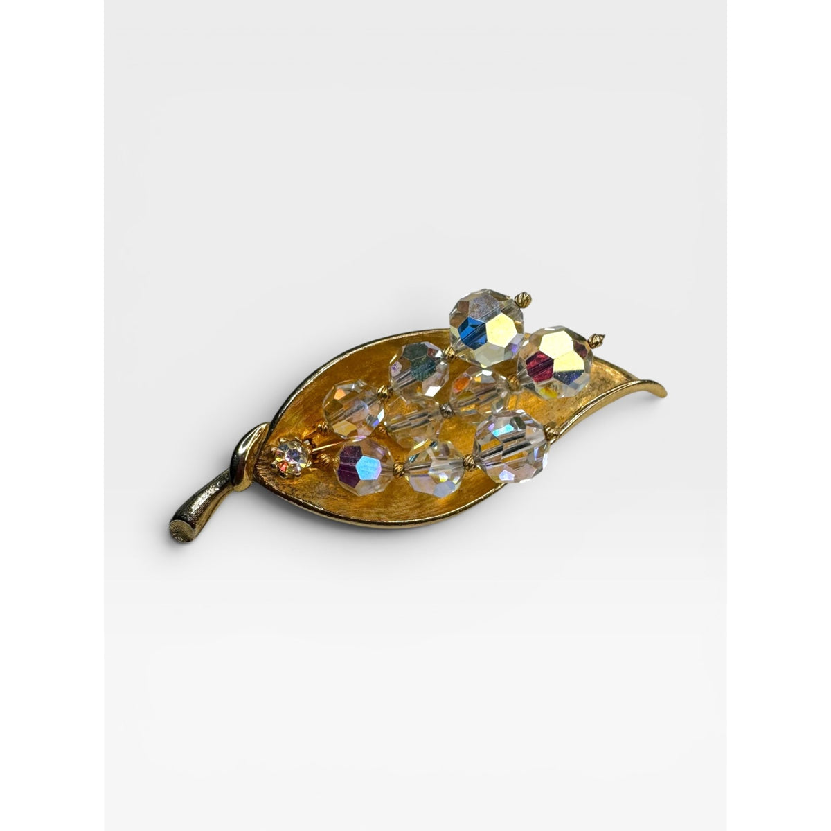 Leaf Brooch Gold Tone Aurora Borealis Crystal Cluster Pin Vintage 1950s