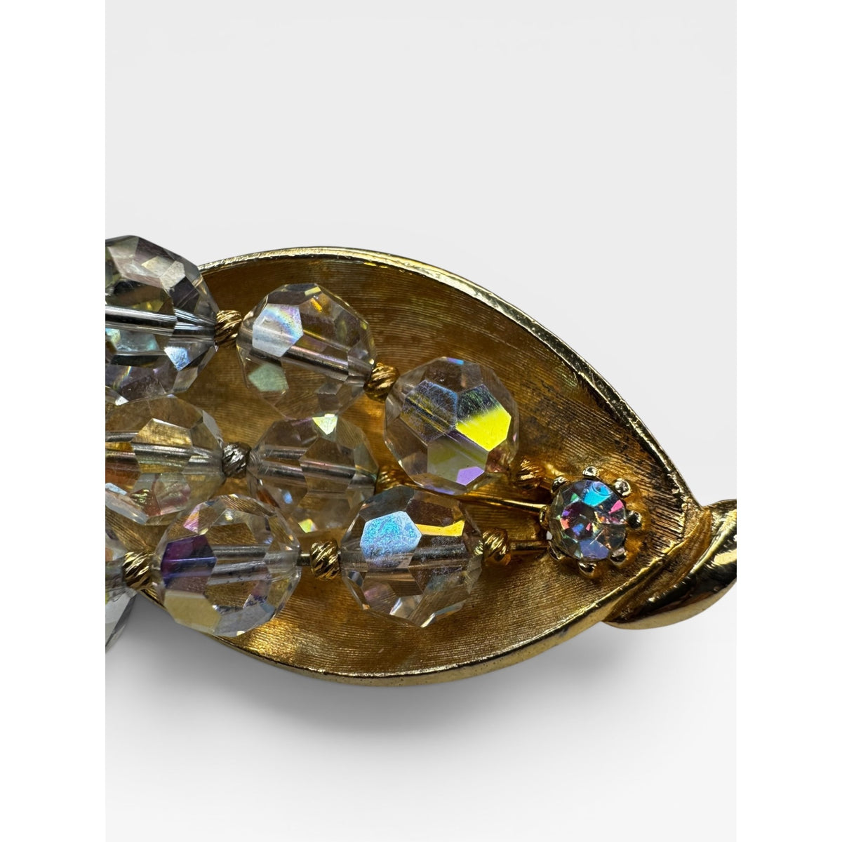 Leaf Brooch Gold Tone Aurora Borealis Crystal Cluster Pin Vintage 1950s