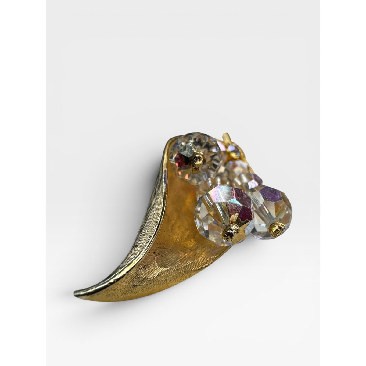 Leaf Brooch Gold Tone Aurora Borealis Crystal Cluster Pin Vintage 1950s