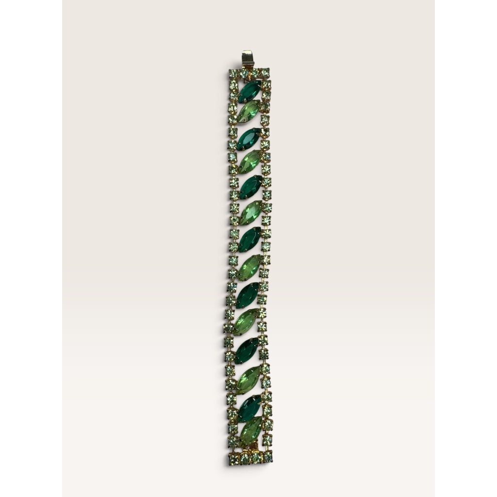 1950s Green Navette Chaton Crystal Rhinestone Tennis Bracelet 7" Vintage