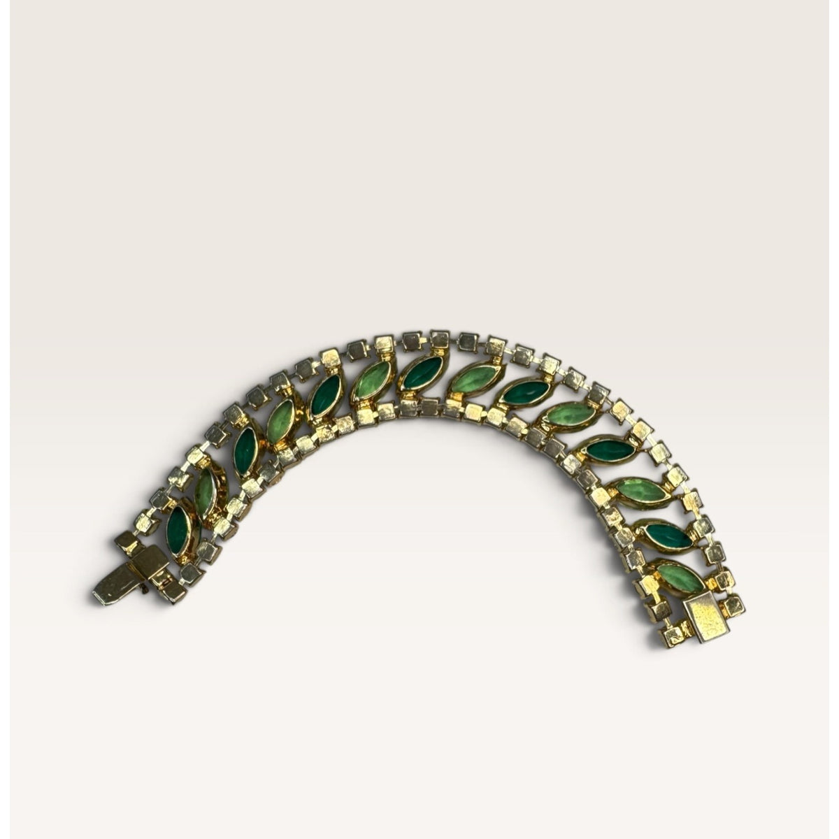 1950s Green Navette Chaton Crystal Rhinestone Tennis Bracelet 7" Vintage