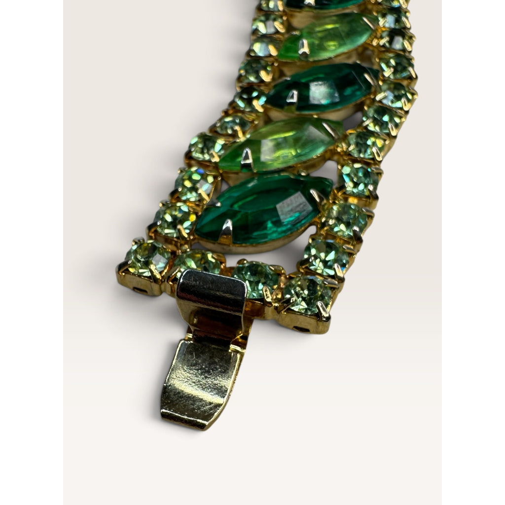 1950s Green Navette Chaton Crystal Rhinestone Tennis Bracelet 7" Vintage