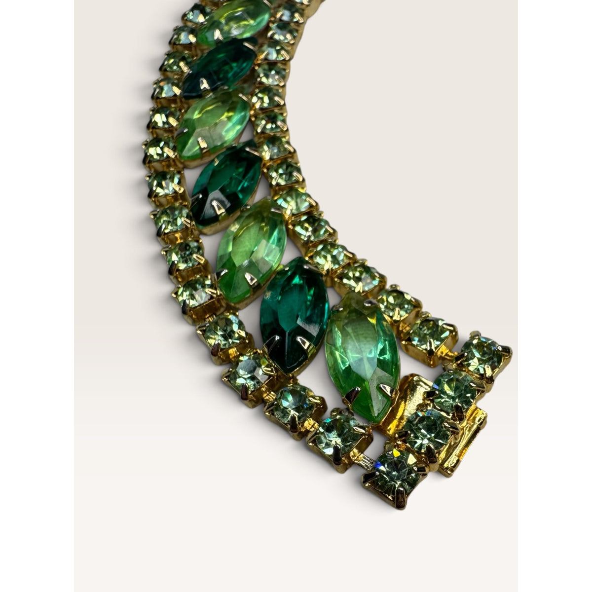 1950s Green Navette Chaton Crystal Rhinestone Tennis Bracelet 7" Vintage
