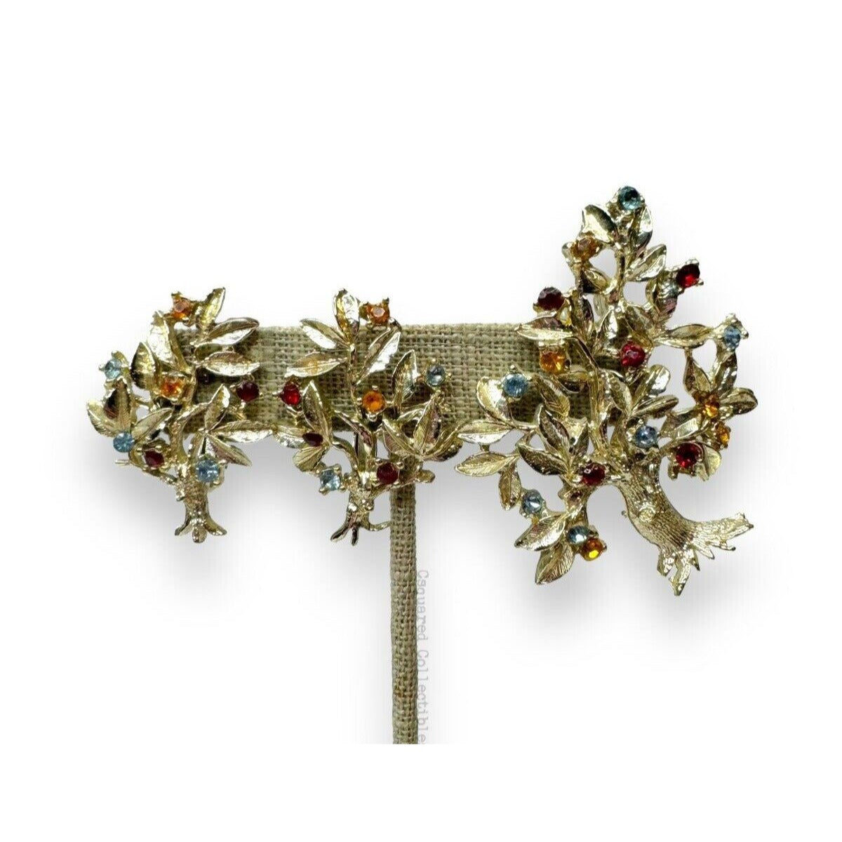 Vintage Dodds Gold Tone Crystal Tree Brooch Clip Earrings Set Mid Century