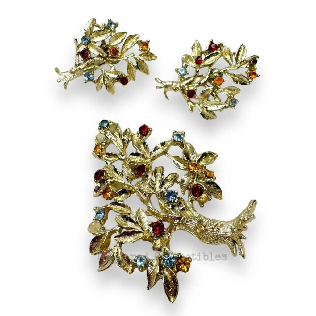 Vintage Dodds Gold Tone Crystal Tree Brooch Clip Earrings Set Mid Century