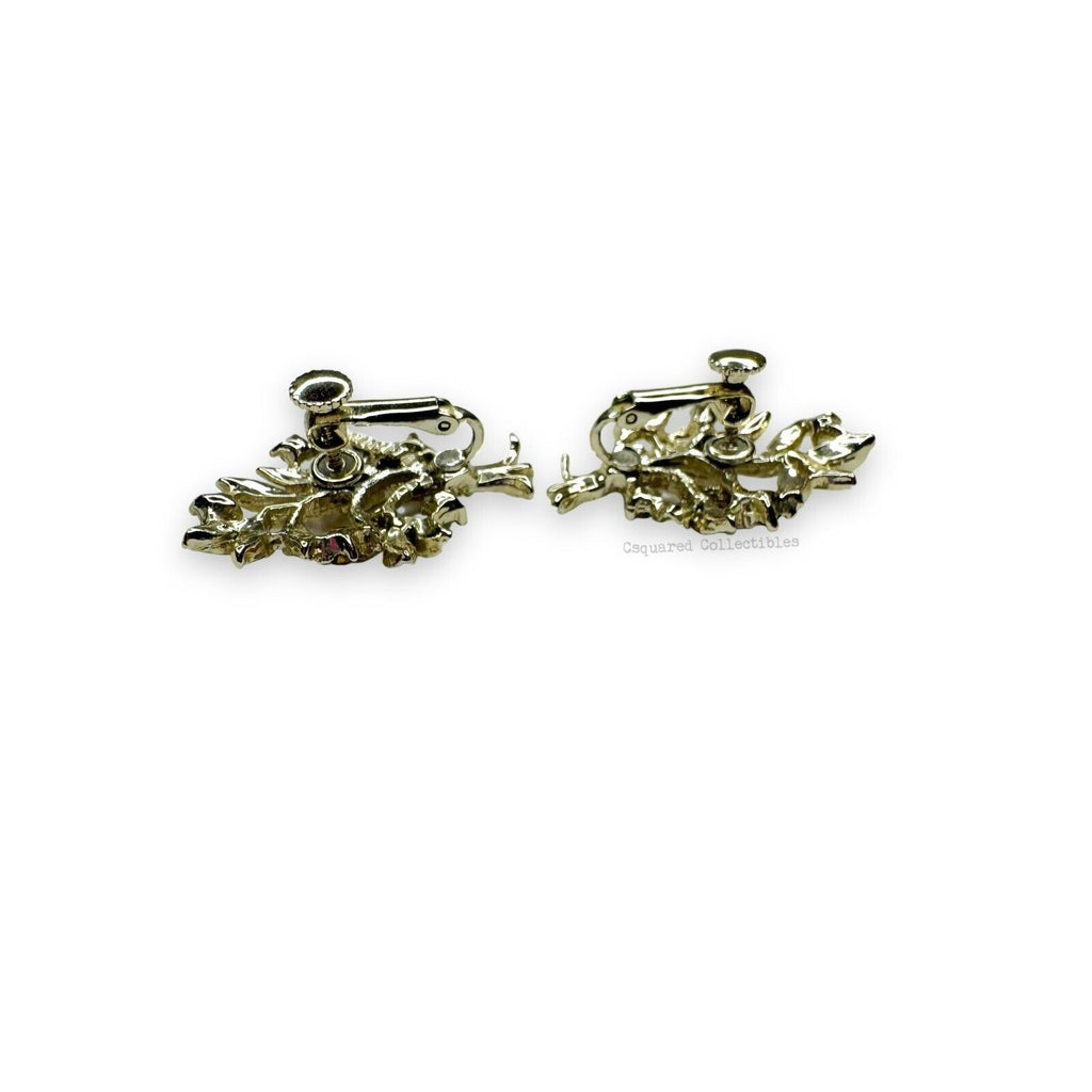 Vintage Dodds Gold Tone Crystal Tree Brooch Clip Earrings Set Mid Century