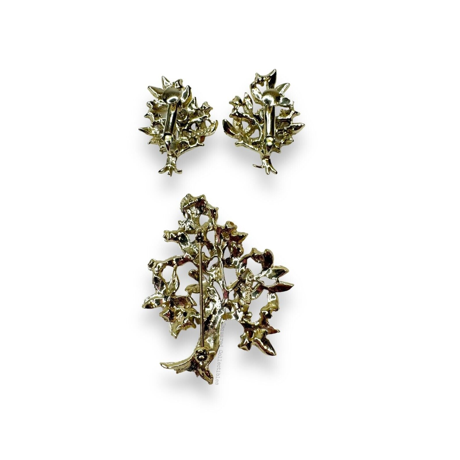 Vintage Dodds Gold Tone Crystal Tree Brooch Clip Earrings Set Mid Century