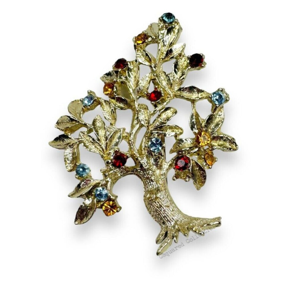 Vintage Dodds Gold Tone Crystal Tree Brooch Clip Earrings Set Mid Century