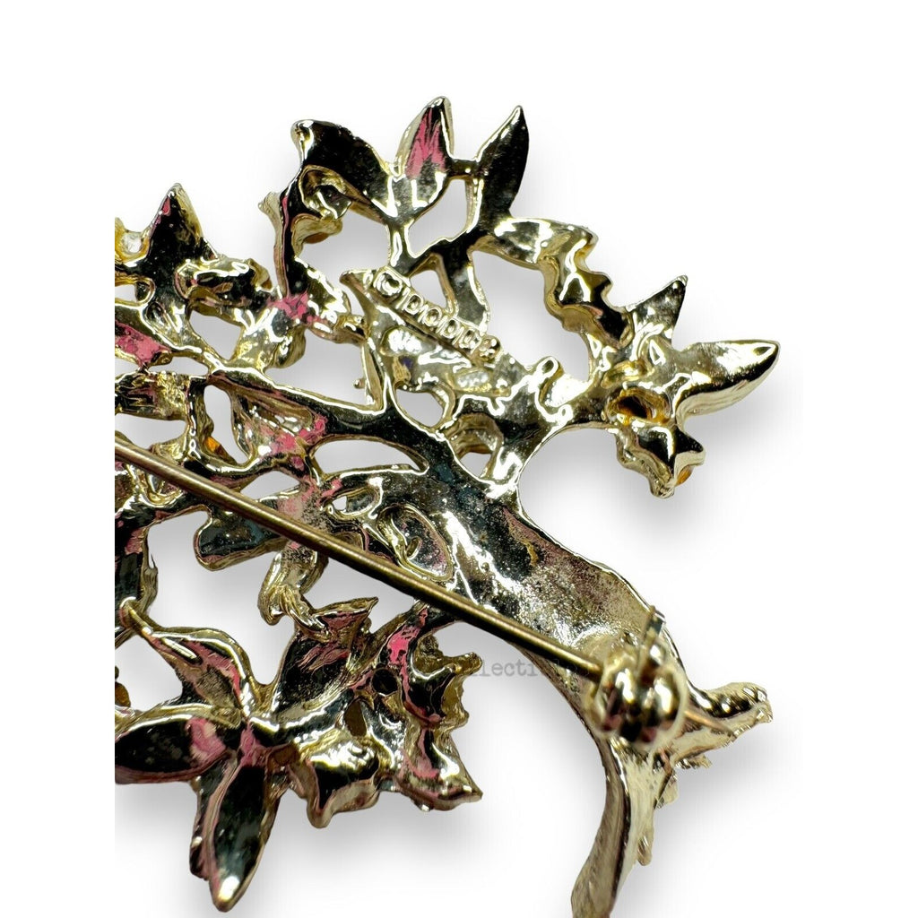 Vintage Dodds Gold Tone Crystal Tree Brooch Clip Earrings Set Mid Century