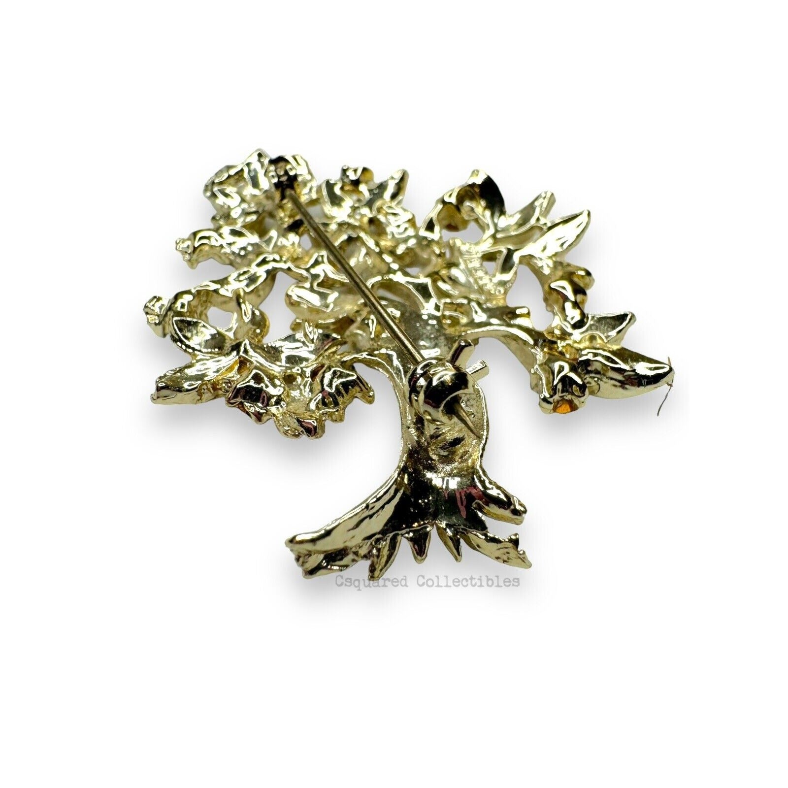 Vintage Dodds Gold Tone Crystal Tree Brooch Clip Earrings Set Mid Century