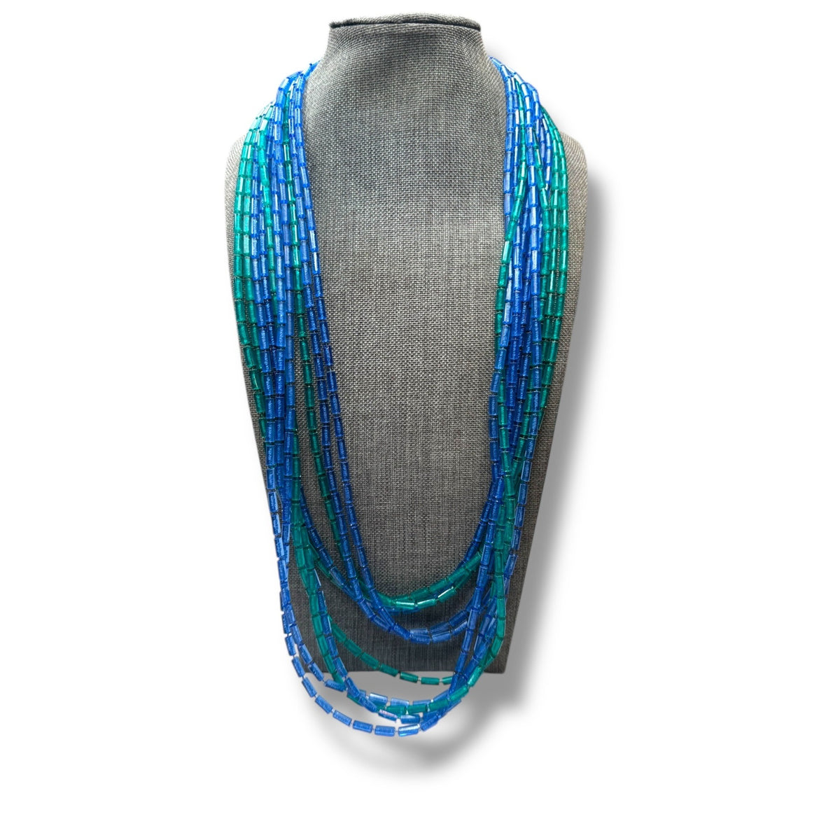 Mid-Century Multi-Strand Acrylic Tube Bead Necklace Blue Green Gold Tone