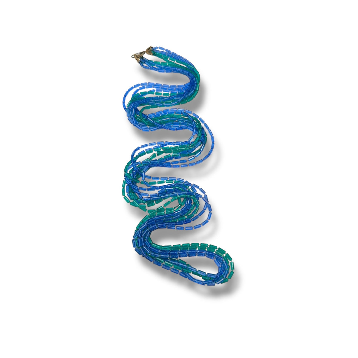 Mid-Century Multi-Strand Acrylic Tube Bead Necklace Blue Green Gold Tone