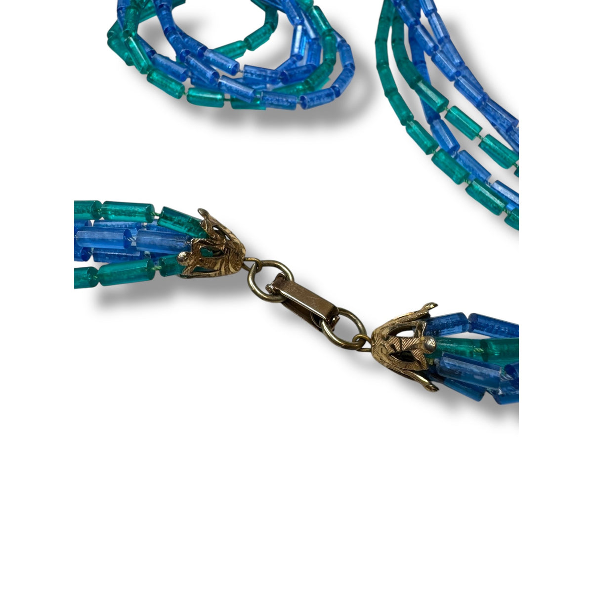 Mid-Century Multi-Strand Acrylic Tube Bead Necklace Blue Green Gold Tone