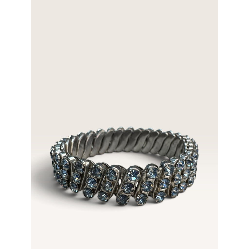 1950s British Hong Kong Ice Blue Rhinestone 3 Row Expansion Bracelet .55"
