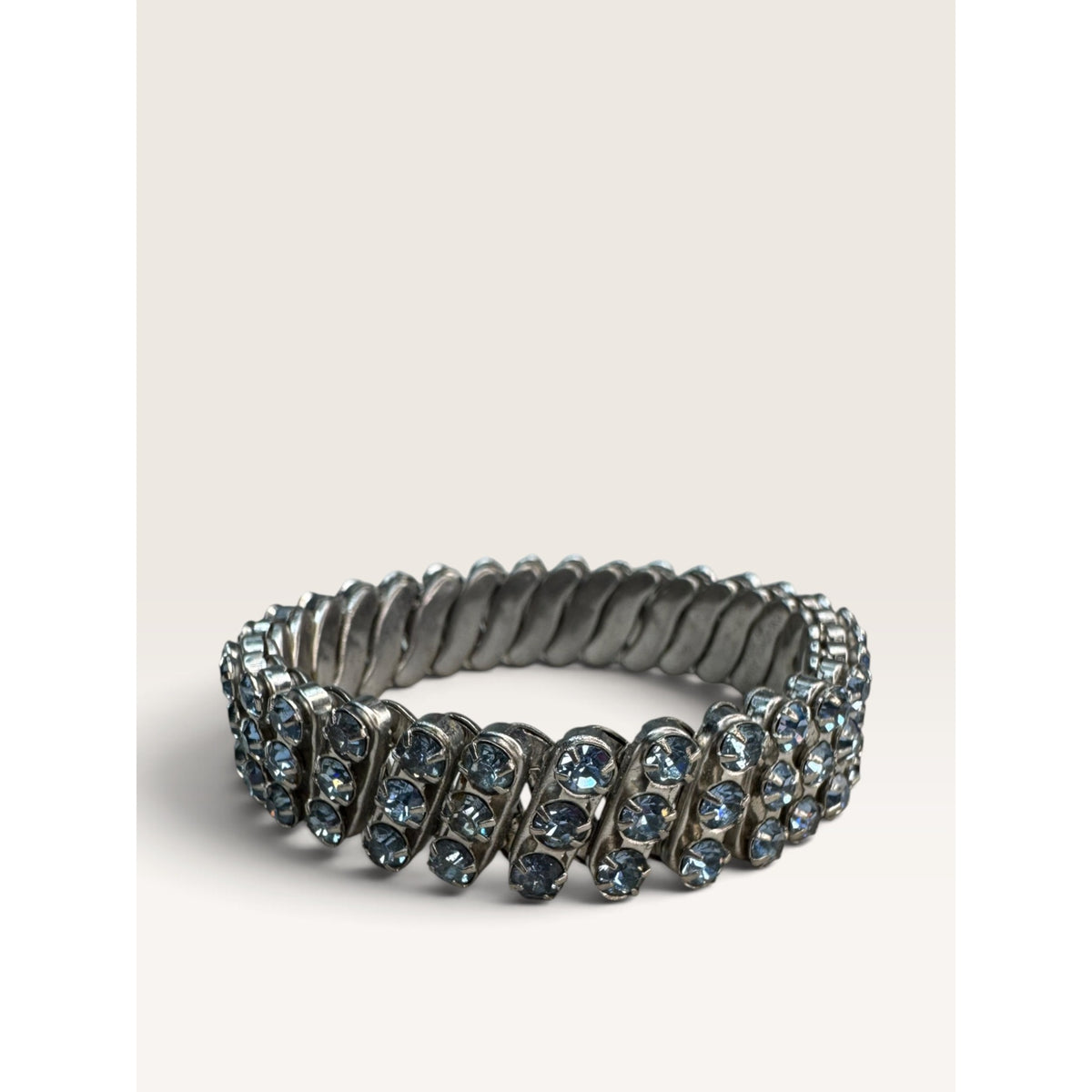 1950s British Hong Kong Ice Blue Rhinestone 3 Row Expansion Bracelet .55"