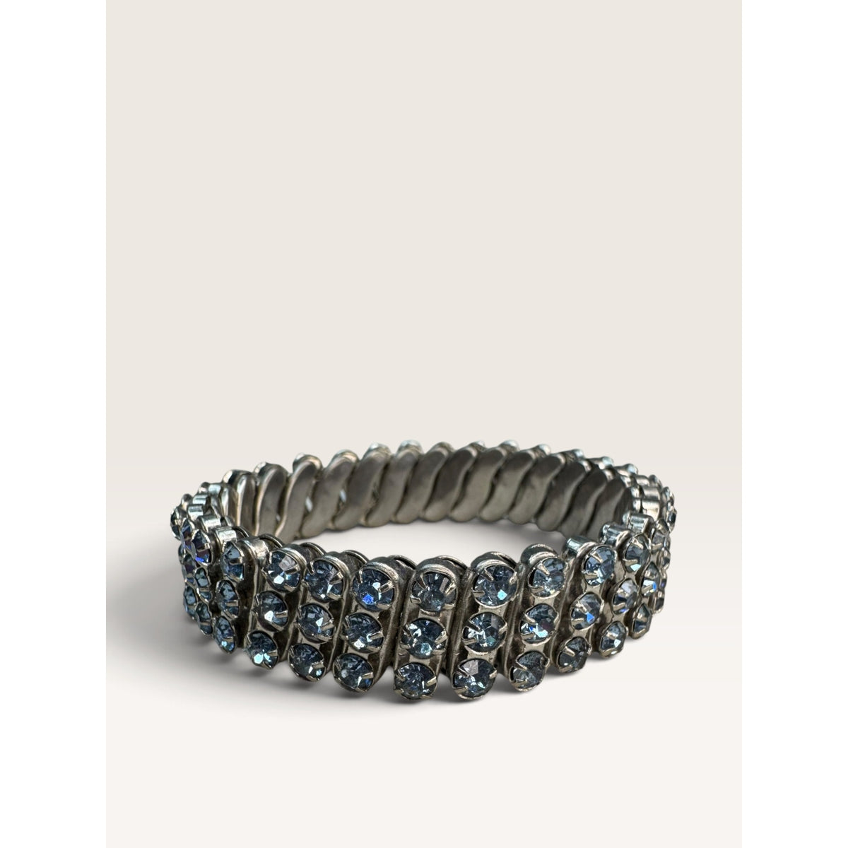 1950s British Hong Kong Ice Blue Rhinestone 3 Row Expansion Bracelet .55"