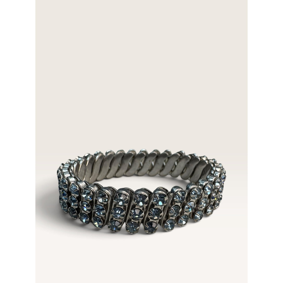 1950s British Hong Kong Ice Blue Rhinestone 3 Row Expansion Bracelet .55"