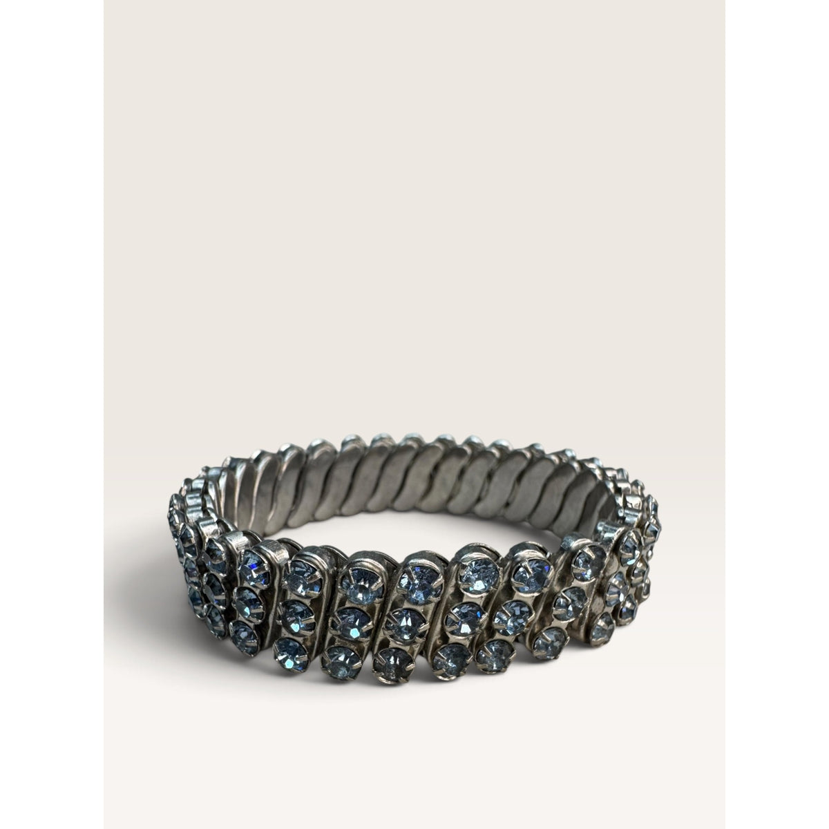 1950s British Hong Kong Ice Blue Rhinestone 3 Row Expansion Bracelet .55"